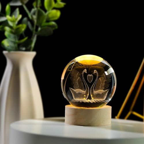 Image of 3D Flamingo Crystal Figurines with Wooden Light Base Gifts, Ball Lamp with Wooden Light Base, Ball Laser Engraved Glass Sphere Home Decor (Flamingo)