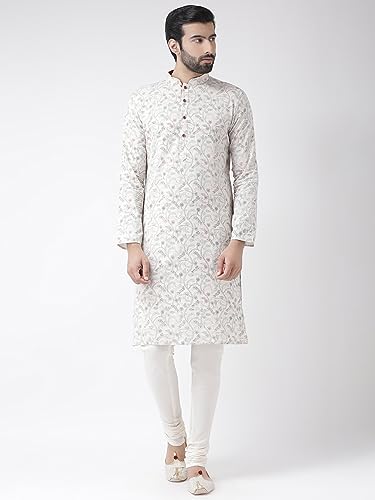 Image of KISAH Men White Floral Kurta with Churidar Jacket, Full Sleaves, Knee Length, Straight, Regular Fit, Mandarin Collar Ethnic Casual Traditional wear