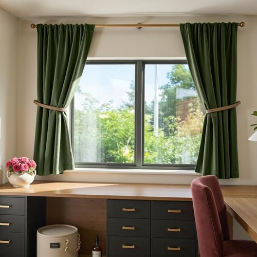 Image of Moss Earthy Curtains Luxury Rod Pocket 52x63 Inch 2 Panels | Soft Velvet, Light Filtering, For Small Windows, Kitchens & Bathrooms, Light Shifting Texture, Elegant Drape, Calm