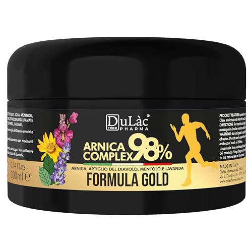 DuLàc, Árnica Complex 98%, Fórmula Gold, Gel Crema con Garra de Diablo, Mentol y Lavanda, para Masajear Músculos y Articulaciones, Testado Dermatológicamente, Hecho en Italia, 300 ml