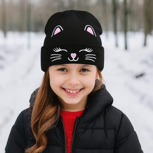Kids Gils Cat Beanies Cute Embroidery Hats Winter Knitted Hat Unisex Skull Cuffed Skiing Caps Hats 7-12 Years3