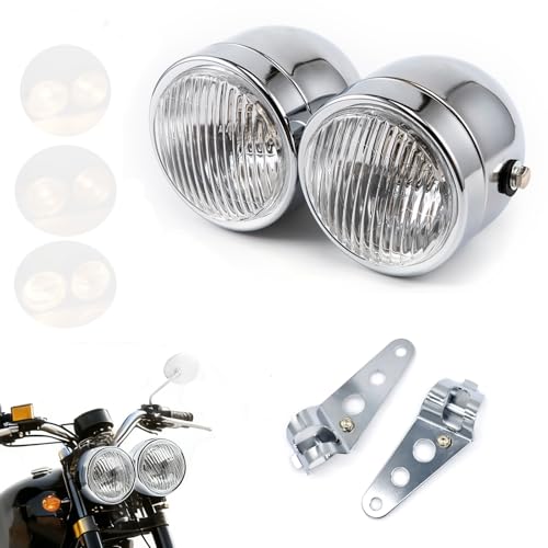 APEBAZY Doppio faro cromato per moto con supporto di montaggio Doppia lampada anteriore rotonda faro moto omologato per Bobber Street Fighter Naked Cafe Racer