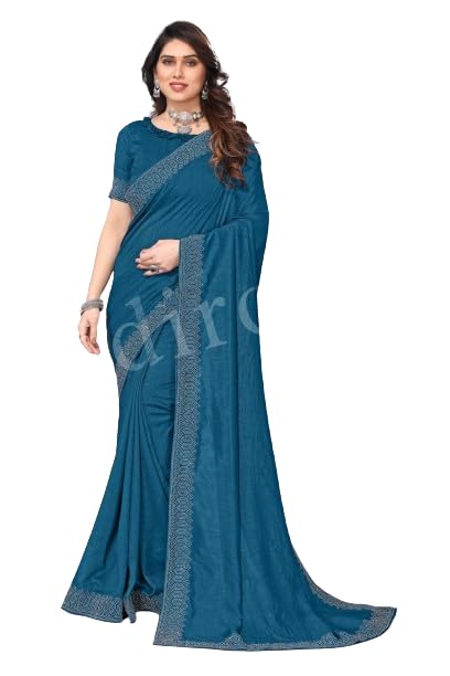 AdirotzAdirotz Women's Art Silk Dyed & Embroidery & Stone Work Saree with Unstitched Blouse Piece (Rama)