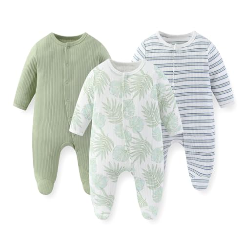 Image of JELYLOVE Unisex Baby Boy Girl Footies Rompers Cotton Long Sleeve 3 Pack Infant Jumpsuits 0-12Months Babies' Outfits