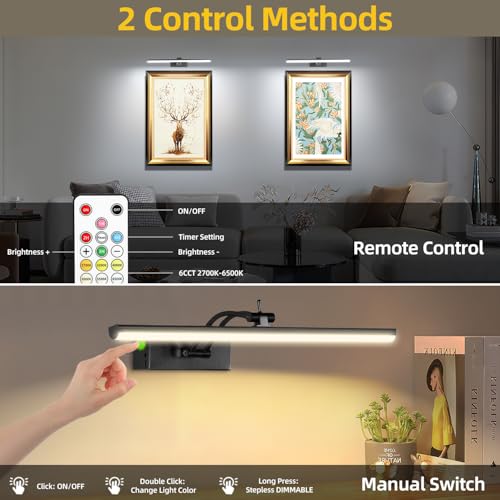 Image of 6 Colors Picture Lights Battery Operated with Remote, 16 inch Cordless Rechargeable Painting Lights with Timer for Wall, 6CCT Dimmable Display Lights for Artwork Gallery Dartboards, 4 Pack (Black)