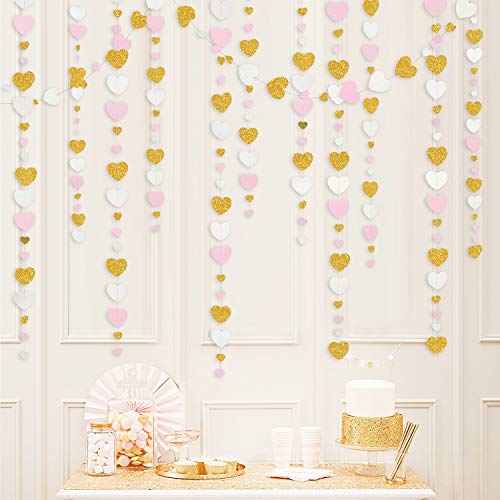 52 Ft Pink And Gold White Love Heart Garland Hanging Paper Streamer Banner For Anniversary Mother's Day Valentines Day Bachelorette Engagement Wedding Bridal Baby Shower Birthday Party Decorations #TOP2