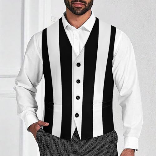 Black And White Cool Stripe Men's Suit Vests Business Formal Dress V-Neck Waistcoat Tops with 2 Pockets2