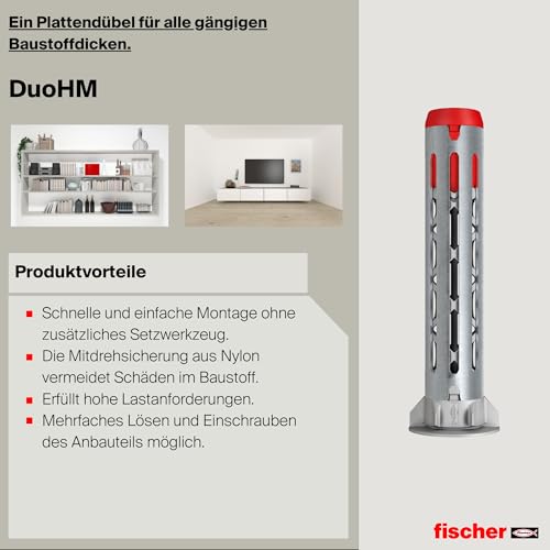 fischer Hohlraumdübel DuoHM 5 x 55 S TX, Plattendübel mit metrischer Panheadschraube und TX-Antrieb zum Befestigen von TV-Halterungen… – Ansicht 6