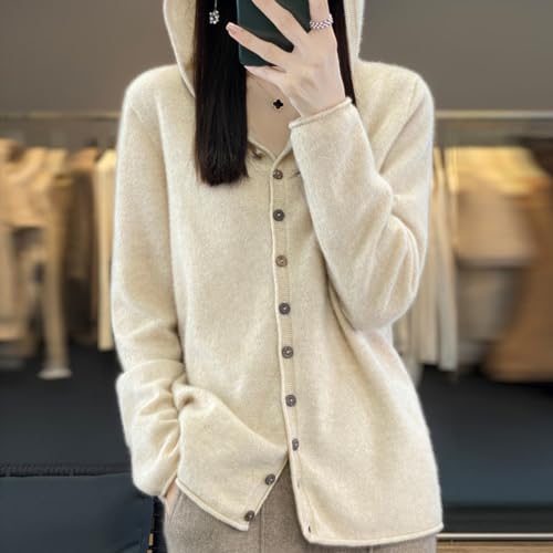 Image of Cashmere Sweaters for Women Button Down V Neck Hooded Cardigan Casual Loose Long Sleeve Soft Knit Pullover Tops Apricot