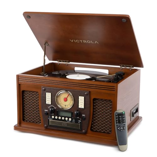 Image of Victrola Navigator - 8-in-1 Bluetooth Record Player - Walnut | Real wood cabinet plays vinyl, CD, cassette, FM radio, USB and aux, built-in speakers, remote control included