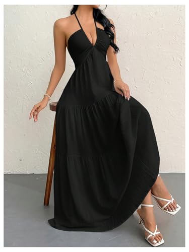 Image of SHENHE Women's Deep V Neck Tie Knot Backless Halter Dress A Line Flowy Ruffle Maxi Dress