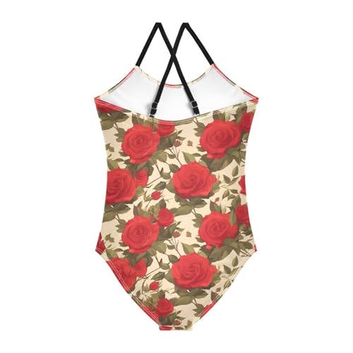 KLL Floral Pattern Red Roses Girls 1 Piece Bathing Suit Summer Swimwear Adjustable Strap Quick-Dry2