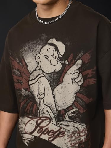 Image of The Souled Store Popeye: Wings Men and Boys Short Sleeves Round Neck Brown Graphic Printed Cotton Oversized Heavy Gauge Fabric Drop Shoulder Streetwear All-Season T-Shirt