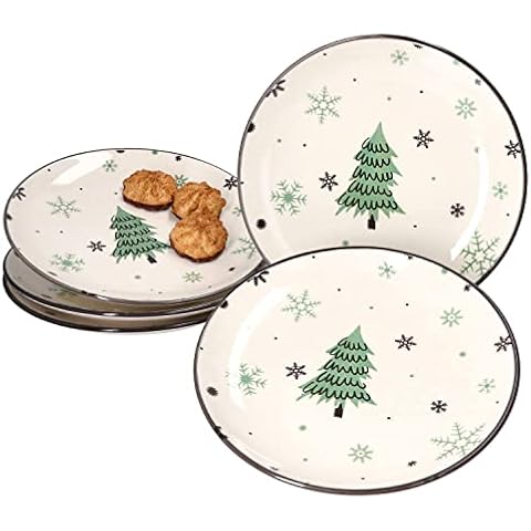 MamboCat 6er Set Weihnachtsbaum Kuchenteller I 6 Personen I Gebäckteller für Weihnachten mit Tannenbäumen & Schneeflocken I Plätzchen, Kekse I Christmas-Frühstücks- oder Dessertteller flach I Steingut Cover
