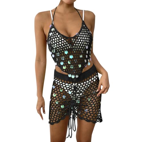 Ensemble bikini deux pièces en crochet scintillant et robe de plage haut de gamme