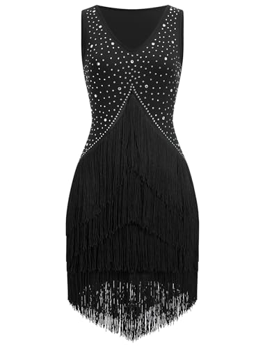 IWEMEK Latein-Tanzkleid mit Strasssteinen, Fransen, Quasten, für Damen, Wettkampf, Ballsaal, Tanzkostüme, Tango, Salsa, Flapperkleid, Schwarz, Groß