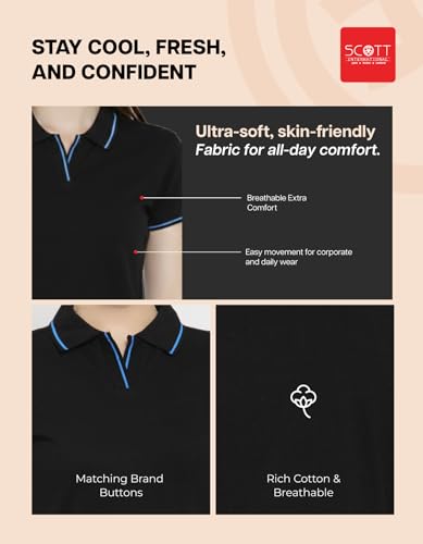 Image of Scott International Women's Cotton Polo T-Shirt | Half Sleeve Plain Collar Tee | Stylish Casual Top | Plain T-Shirt for Girls | Workwear for Office & Casual Wear