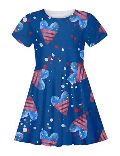 RONGTAI Girls 4th of July Dress Size 8-9 American Flag Dresses Kids 3D Casual Outfit Summer Sundress Striped Heart Short Sleeve Playwear