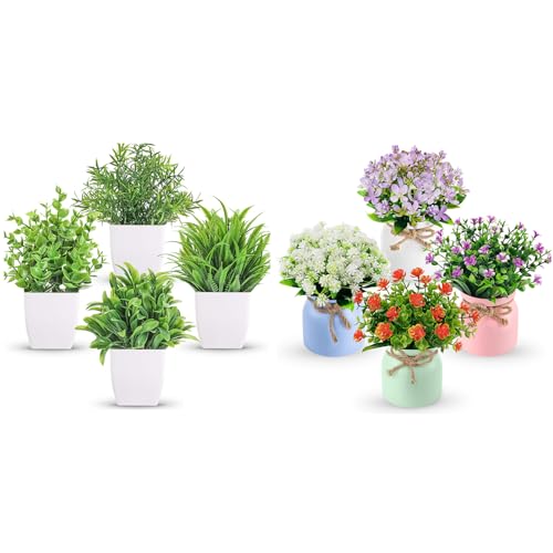 Der Rose Bundle of 4 Pack Small Fake Plants Mini and 4 Pack Fake Flowers Small for Home Office Bedroom Living Room Decor