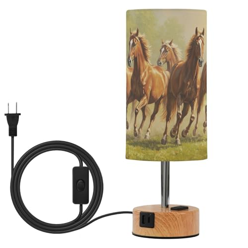 GOODOLD Touch Control Bedside Lamp with USB Ports 3 Way Dimmable Table Lamp with Linen Shade Modern Nightstand Lamp for Bedroom Living Room Office (Galloping Horses Oil)