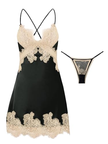 Image of Lilosy Sexy Silk Lace Up Backless Satin Applique Floral Lace Babydoll Lingerie Dress with Tong 2 Piece Women Panty Chemise Negligee Black X-Large