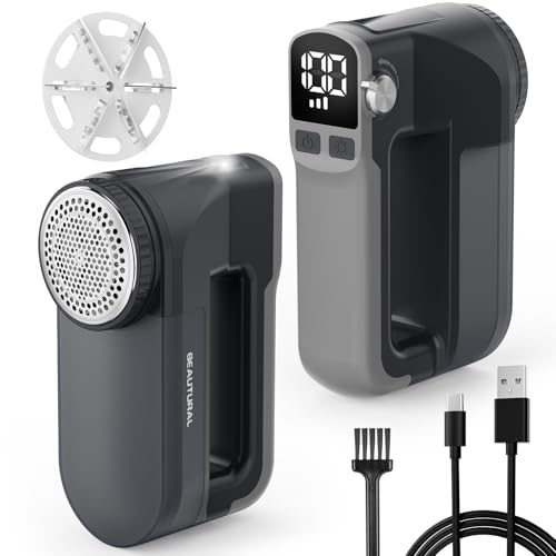 BEAUTURAL Quitapelusas Eléctrico USB-C Recargable con 3 Velocidades, Pantalla LED, Luz Frontal y Cuchillas de 6 Hojas – Ideal para Ropa, Muebles y Todo Tipo de Telas, Color Gris