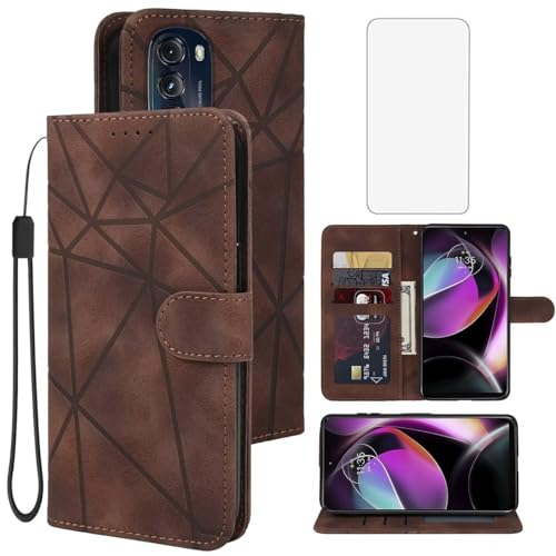 Tothedu Case for Moto G 5G 2022/Motorola G 5G 2022 XT2213 Wallet Case with Tempered Glass Screen Protector, Flip Leather Credit Card Holder Wrist Strap Stand Cover for Motorola Moto G 5G 2022 Brown