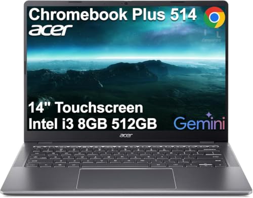 Image of Acer Chromebook Plus 514 Touchscreen Laptop (14 inch FHD, Intel 8-Core i3-N305, 8GB RAM, 512GB SSD), Business, Enterprise, Students, Long Battery Life, Webcam, Wi-Fi 6E, Chrome OS (Renewed)