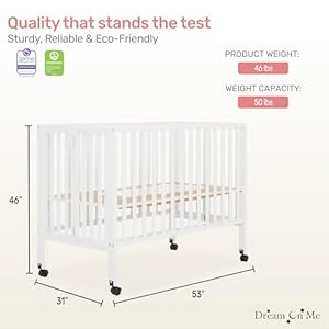 Quinn full size folding crib in white removeable wheels modern nursey adjustable mattress support portable crib patented folding system  urban country home decor