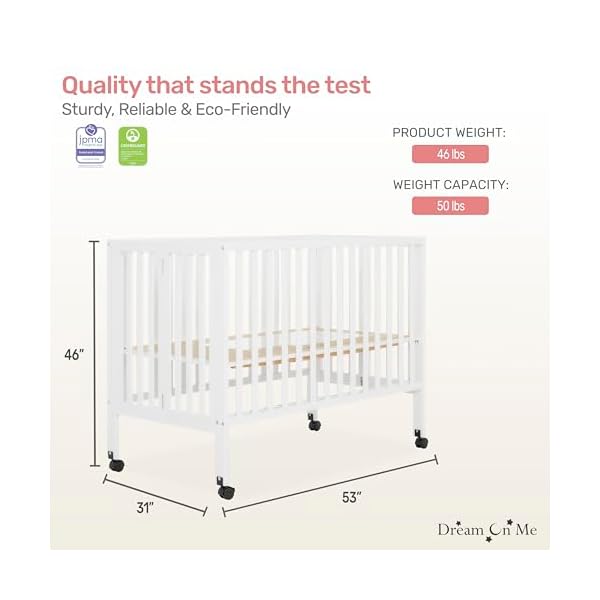 Quinn full size folding crib in white removeable wheels modern nursey adjustable mattress support portable crib patented folding system  urban country home decor