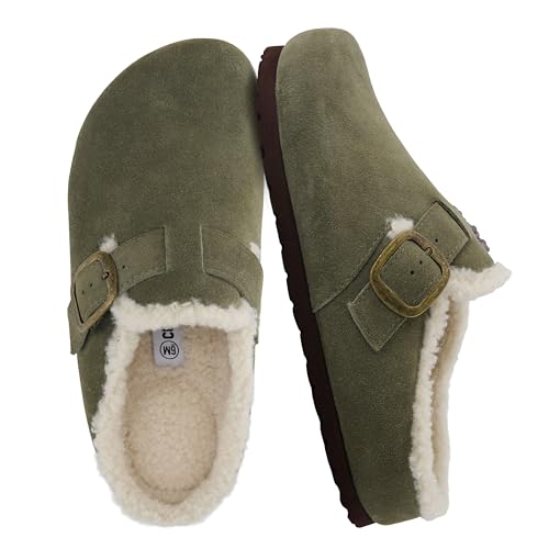 CUSHIONAIRE Haven Genuine Leather Clogs for Women – Faux Fur Lined Slip-On Womens Shoes with Cork Footbed and Adjustable Buckle, KHAKI 11