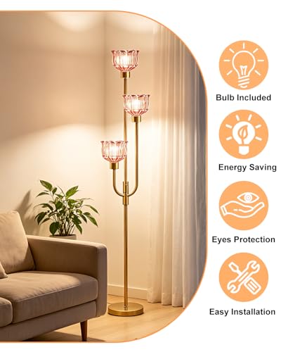 Image of Lightdot 3-Lights Modern Glass Floor Lamp 66IN Gold Dimmable Floor Lamps with 3000K Warm White Bulbs for Wedding Party Tall Standing Lamp with Deep Red Glass Shade for Living Room /Bedroom /Home Decor