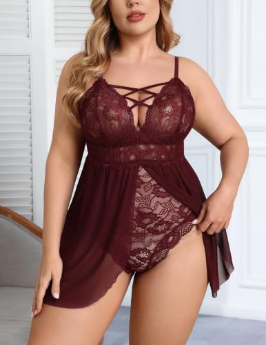 Image of Avidlove Plus Size Babydoll Womens Snap Crotch Lingerie V Neck Lace Nighty Sleepwear L-5XL