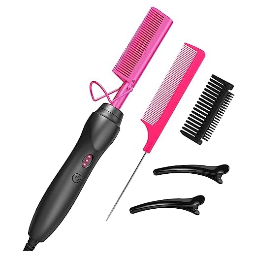 Electric Comb Hair Straightener Heat Pressing Combs,Hot Ceramic Hair Straightening Comb Flat Iron for Natural Black Hair African American Gift - Pink Comb