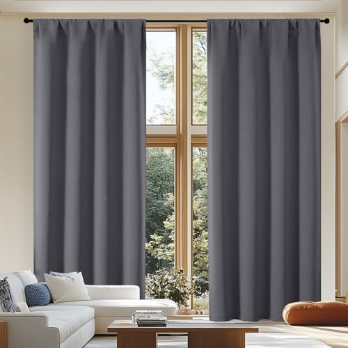 Simplebrand Ava Grey Blackout Curtains for Patio 108 Inches Long 2 Panels Set, Solid Thermal Insulated Room Darkening Rod Pocket Window Treatment Curtains Blackout Drapes, W50 x L108 Inch, Grey