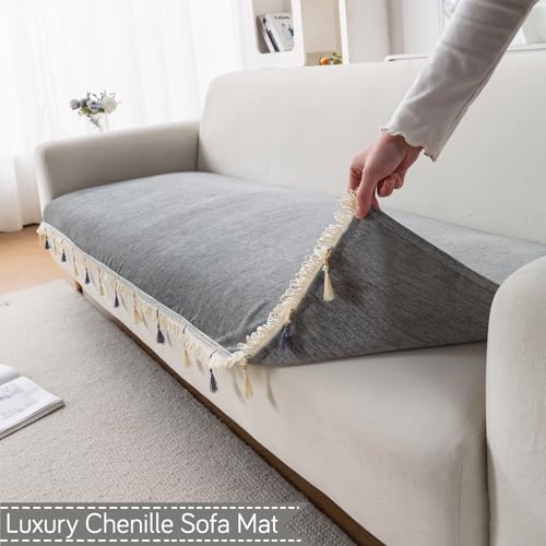Image of HOKIPO 'Serenity Tassel' Chenille 3 Seater Sofa Cover with Tassel - Glacier Silver (IN-892-LGRY)