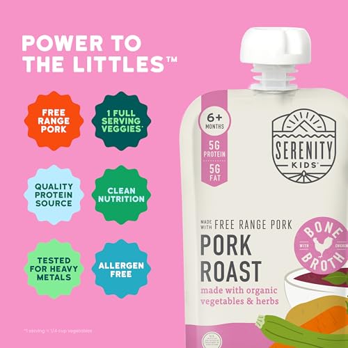 Image of Serenity Kids 6+ Month Pork Baby Food Pouches - Free Range Pork Roast with Bone Broth, Organic Vegetables & Herbs - BPA-Free Food Pouches for Baby - 3.5 Oz, 6 Pack