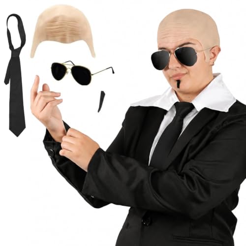 Mr Worldwide Costume Accessory Set - 4 Piece Adult Fancy Dress Kit with Bald Cap Black Tie Spiv Moustache & Sunglasses - Concert Tour Stag Do Halloween Party Outfit