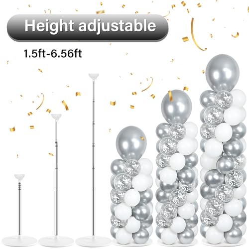 Image of 2 Sets Silver and White Balloon Column Stand Kit with 100 Balloons Silver Balloon Tower Stand with Bases for Floor Confetti Balloons Column Kit for Wedding Graduation Birthday Disco Prom Party Decor