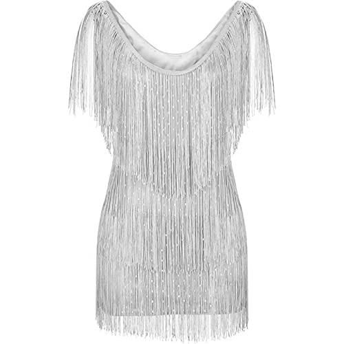 BBIQI Vestido colado ao corpo com lantejoulas e lantejoulas, sexy dos anos 20 com franjas, decote em