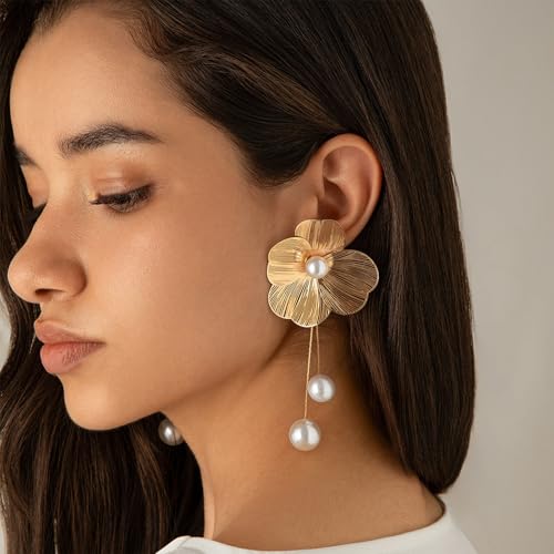 Gold Flower Earrings for Women Big Statement Dangle Earrings Boho Long Drop Pearl Floral Petal Earring Prom Wedding Jewelry Gifts3
