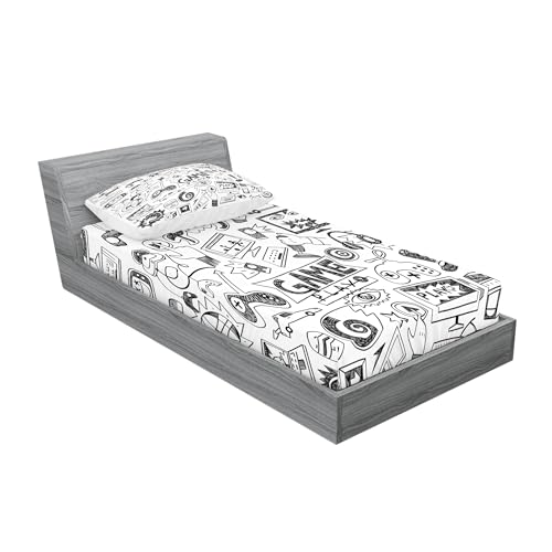 Ambesonne Video Games Bedding Set with Sheet & Covers for Gamer Geek Home Decor Monochrome Sketch Gaming Design Racing Monitor Device Gadget Teen 90's Printed Bedroom with Sham, Twinxl, Charcoal Black