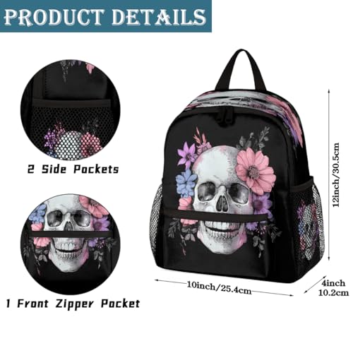 Retro Skull Flowers Kids Backpack for Boys Girls, Waterproof Lightweight Toddler School Bag with Chest Strap, Small Travel Book Bag Preschool Kindergarten Backpack2
