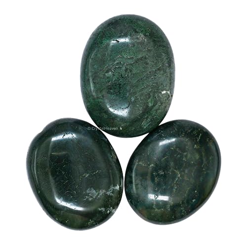 Image of Crystal Heaven Certified Moss Agate Crystal Palm Pebbles Stones for Anxiety Stress Relief Massage - AAA Grade Original Healing Gemstone Agate Palm Stone for Yoga Meditation Spiritual Reiki Feng Shui