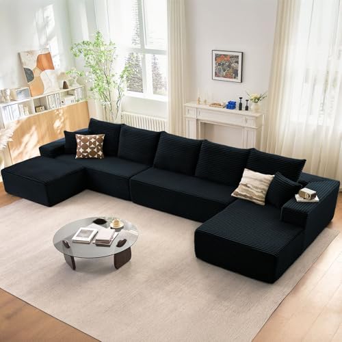 Image of Oversized Modular Sectional Sofa Couch, Large 6 Seater Corner Sofa Modern U Shaped Sectional Couch Cloud Couches for Living Room, Office, Spacious Space, Corduroy, No Assembly Required, Black
