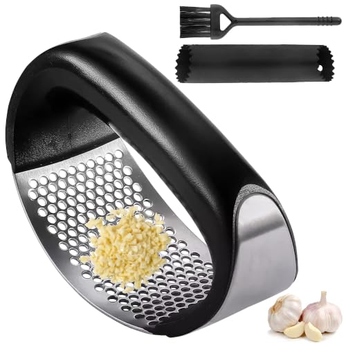 Garlic-Press-Stainless-Steel-Rust-Proof-Dishwasher-Safe-Garlic-Twister-Mincer-Durable-Garlic-Crusher-Chopper-with-Peeler-Brush-Easy-to-Clean-Kitchen-Gadgets-Tool-for-Garlic-Ginger-Spices Garlic Press - Stainless Steel Rust Proof & Dishwasher Safe Garlic Twister Mincer, Durable Garlic Crusher Chopper with Peeler, Brush, Easy to Clean, Kitchen Gadgets Tool for Garlic, Ginger, Spices - Image 1