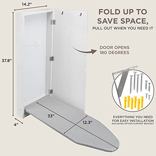 Ivation Wall-Mounted Ironing Board Cabinet, Foldable Ironing Storage Station For Home, Apartment , Easy-Release Lever, Garment Hooks, White #TOP3