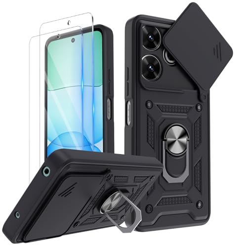 COPIKE Funda Armor para Xiaomi Redmi 13 4G / Xiaomi Poco M6 con 2 Piezas Cristal Templado, Carcasa Antigolpes Cubierta de Cámara Deslizante Proteger con Soporte Giratorio de Anillo, Negro