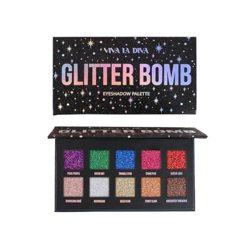 VIVA LA DIVA Glitter Bomb - Nuevo Packaging - Paleta de Sombras con 10 Tonos Intensos de Purpurina - Diseño Glam Nocturno - Uso en Ojos, Rostro y Cuerpo - Vegana y Cruelty-Free
