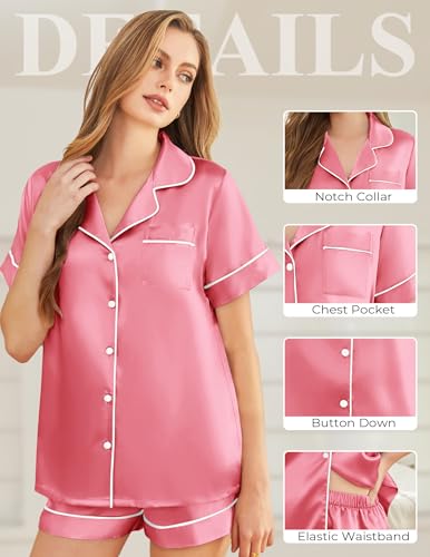 Image of Silk Pajamas for Women Short Sleeve Sleepwear Soft Button Down Loungewear 2 Piece Satin Pjs Shorts Set S-XXL